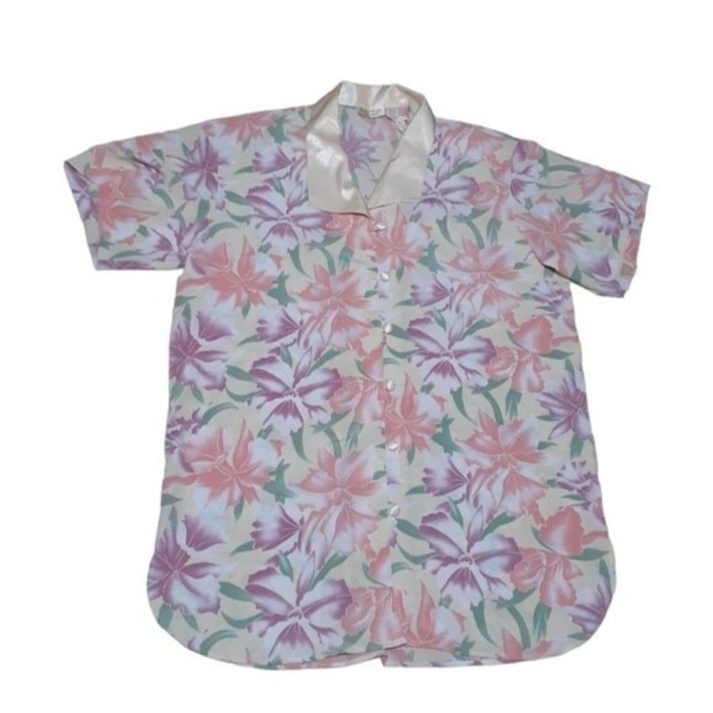 Victoria's Secret Gold Label Floral Semi Sheer Sleep Shirt Button Up Top M/L VTG
